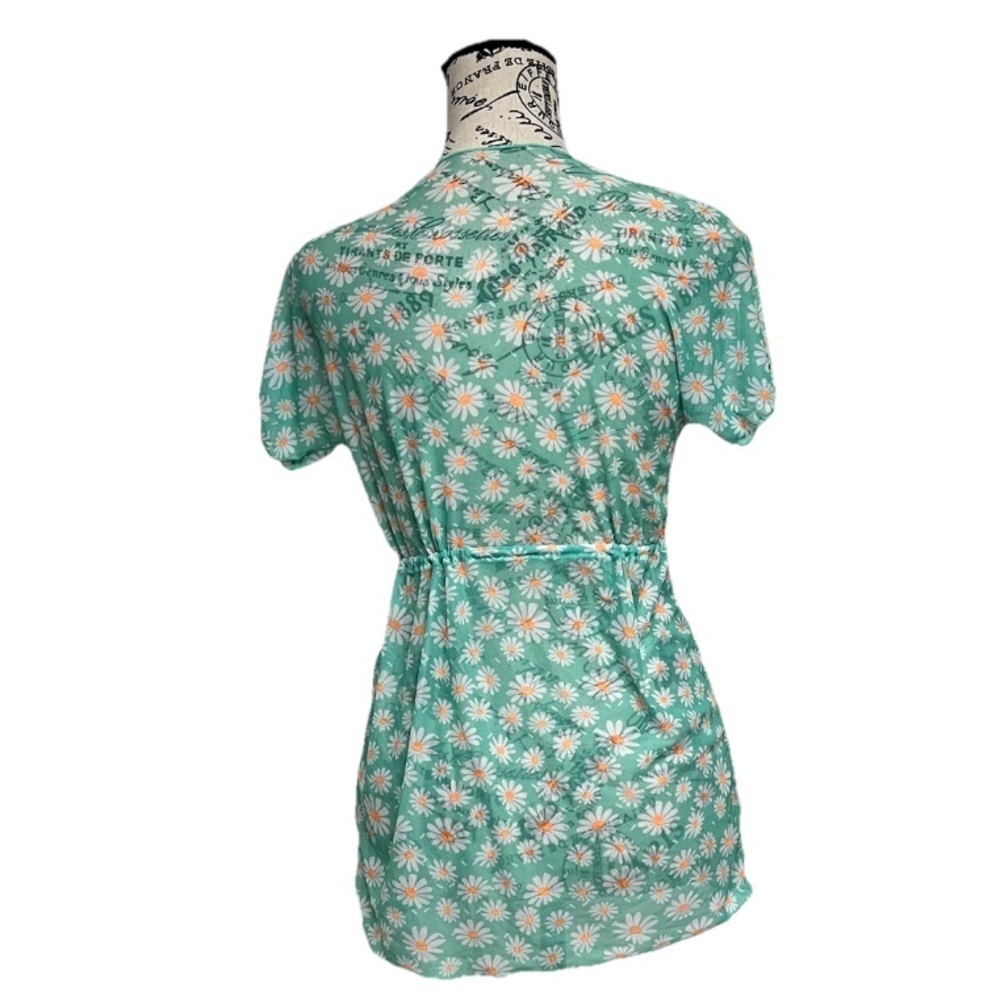 Retro Daisy Mesh Sheer Tie-Front Cardigan XS Green Floral Short Sleeve 70s 80s - Picture 4 of 7